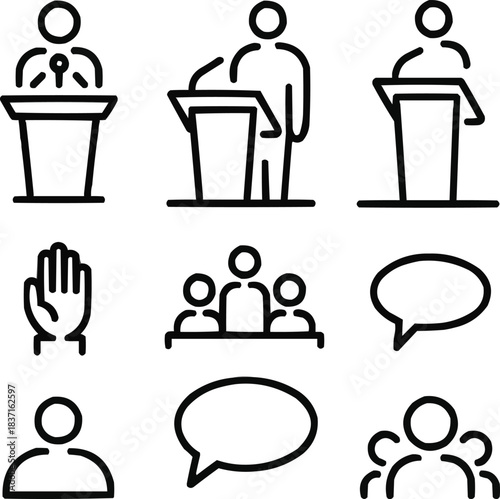 Minimal Podium & Microphone Outline Icon Set  Public Speaking, Conferences, and Leadership