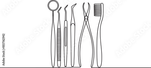  dental examination and hygiene instruments in a line art drawing