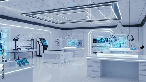 Modern futuristic laboratory interior with digital displays
