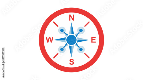Red And White Compass Rose With Blue Starburst Center Indicating Directions North East South West On Black Background