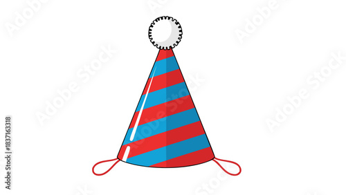 Red And Blue Striped Party Hat With White Pom Pom And Elastic Chin Straps On Black Background Festive Celebration Accessory For Birthdays And Holidays
