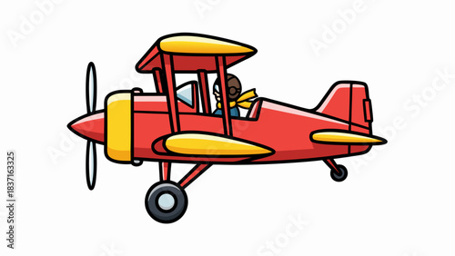 Red and Yellow Biplane Aircraft With Pilot In Cockpit Flying Against Black Background Pixel Art Style Detailed Illustration