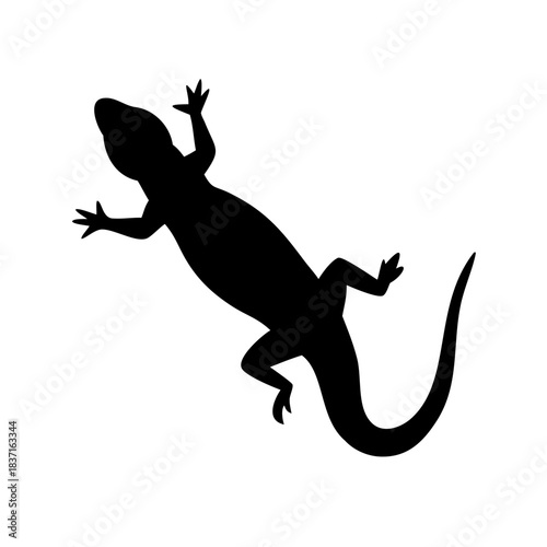 A black silhouette of a gecko and jumping people