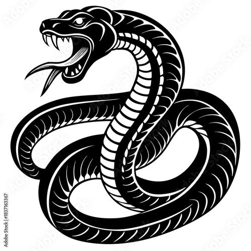 Black and white cartoon snake vector illustration of a cute wild cobra serpent symbol design