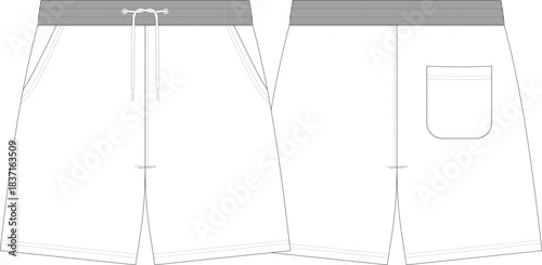 Shorts flat sketch technical drawing front and back view waist drawstring