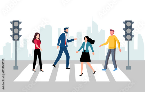 People crossing road vector illustration. Cartoon flat pedestrian character walking on zebra roadway crosswalk at traffic light