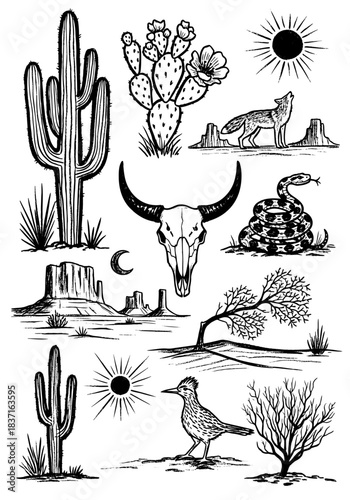 Hand-drawn Western desert collection, distressed nature elements including saguaro cactus, prickly pear, longhorn skull, coiled rattlesnake, and coyote