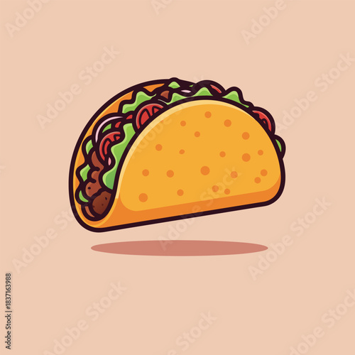 Delicious cartoon taco illustration with savory meat and fresh vegetables, a vibrant graphic for Mexican cuisine, menus, and food designs