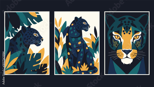 Set of three artistic illustrations featuring leopards amidst lush tropical foliage in a vibrant, modern style, capturing the wild beauty of these majestic predators