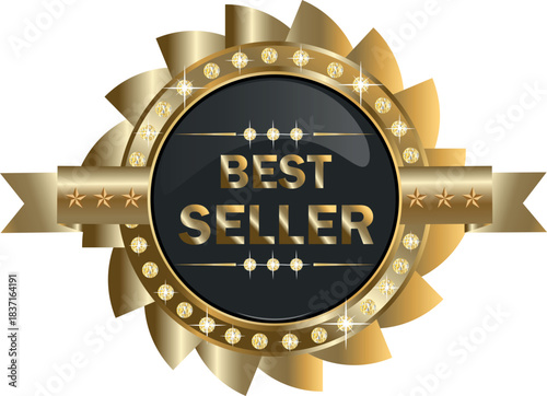 Luxury best seller award badge with diamond border, gold ribbon and glossy black emblem