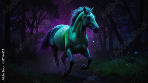 Magical horse running through a mystical forest at night with glowing lights.