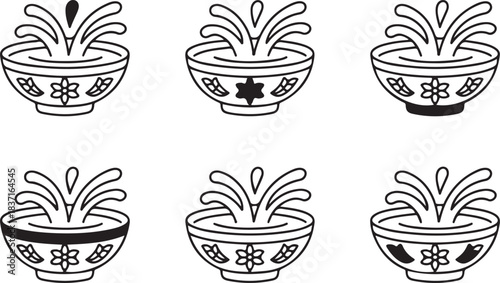 Bowl Fountain Icons, Elegant Line Art Water Fountain Symbol Set