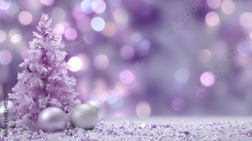 Purple christmas tree with ornaments and sparkling background