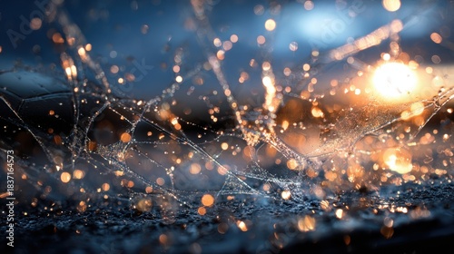 Glowing raindrops on spider web at dusk