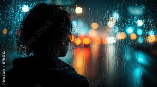 Silhouette of young woman contemplating rainy city night through window