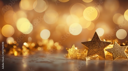 Gold stars and warm bokeh lights creating a festive atmosphere