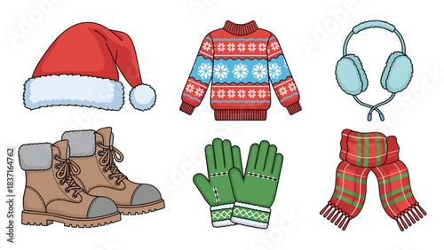 Collection of winter clothing and accessories santa hat, sweater, earmuffs, boots, gloves, and scarf