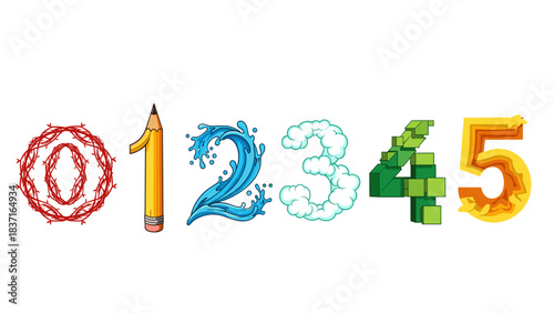 Collection of numbers 0 to 5 designed with different textures and objects