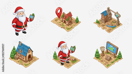 Isometric christmas game assets santa claus, houses, map, and location pin on light gray background