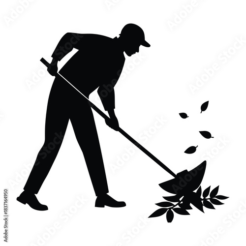Gardener Raking Leaves Silhouette