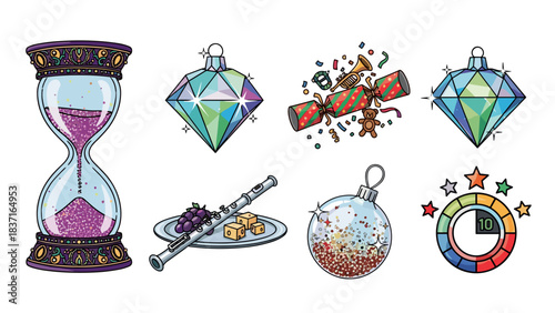 Collection of new years eve and holiday celebration icons hourglass, ornaments, cracker, flute, and countdown timer