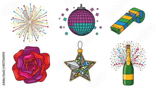 Collection of colorful new years eve and party celebration icons and elements