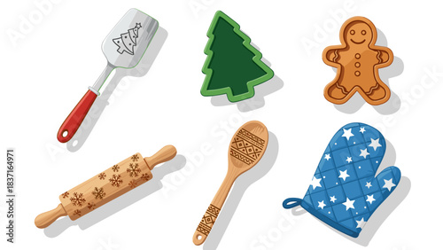 Christmas baking tools and cookie cutter set with spatula, rolling pin, spoon, mitten