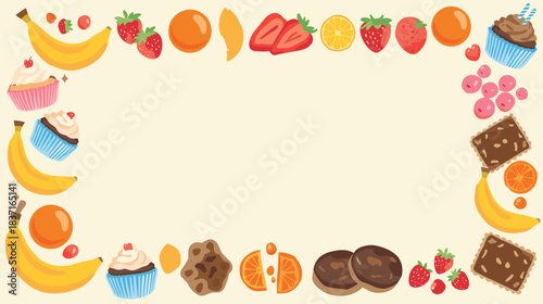 Colorful frame border made of various fruits and sweet desserts like bananas, strawberries, oranges, and cupcakes on a light background