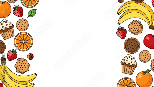 Healthy food border frame with fruits and cookies on