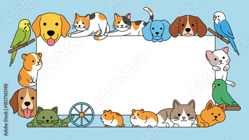 Cute cartoon pets border frame with various animals for copy space