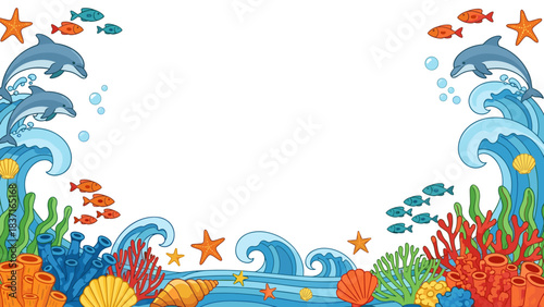 Cute cartoon underwater sea life border frame with dolphins, fish, waves, coral, and starfish for kids design