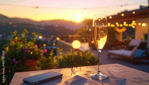 Sunset terrace scene with champagne flute & cellphone on stone table. Cozy lights & hills in the dreamy background