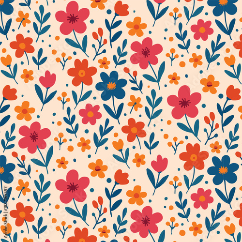 Colorful Floral Pattern with Bright Blooms and Leaves