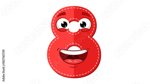 Red Number Eight Character With Happy Face Stitched Edge And Cartoon Eyes Black Background