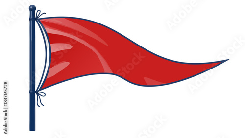 Red pennant flag waving on a dark blue pole against a black background with gentle breeze and subtle highlights indicating movement and fabric texture realistic illustration