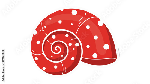 Red Seashell with White Polka Dots Isolated on Black Background Detailed Vector Illustration Smooth Spiral Shape