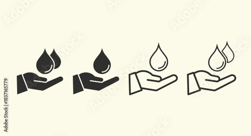 A simple icon of a hand holding water droplets, symbolizing clean water, conservation, care, and environmental responsibility.