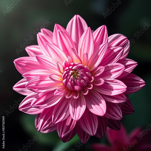 Vibrant pink dahlia flower with delicate petals and a soft focus dark background, perfect for floral design and nature photography.