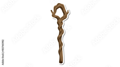 Rustic twisted wooden staff with a natural curved handle against a stark black background, evoking ancient magic and woodland folklore
