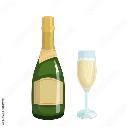 Vector bottle and glass with prosecco or champagne wine, illustration av green bottle and glass of luxury sparkling wine, elite alcohol drink isolated on white background