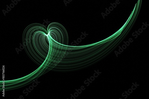 Long exposure light painting photography. Swirls of green light in parallel lines against a black background