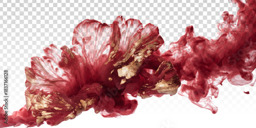 Vector red flower with marble golden smoke isolated on transparent background.