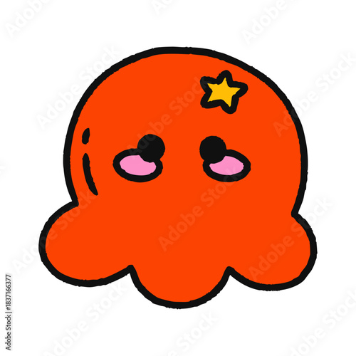 Kawaii orange octopus sea creature character with blushing cheeks and a tiny star on the head. Simple doodle isolated on white background, perfect for stickers, stationery and kids designs and prints.