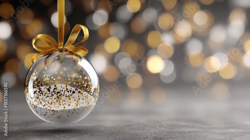 Festive Christmas Ornament with Gold Ribbon and Sparkling Glitter Against Bokeh Background