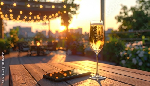 Golden hour rooftop terrace with a glass of champagne and phone reflecting lights at sunset