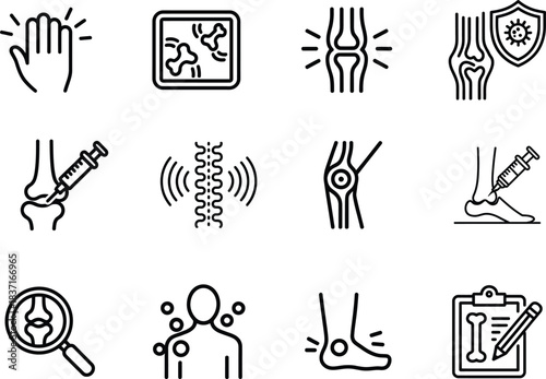 Orthopedic and joint pain medical icons set: diagnosis, treatment, and anatomy illustrations