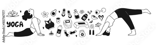 Yoga Fitness Workout Doodle set. Woman Practicing Cobra and Wheel Pose With Equipment and Wellness Accessories. Isolated Hand Drawn on White. Vector illustration. Horizontal graphic Banner. Not AI