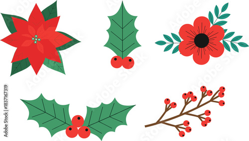 Christmas Poinsettia Flower Vector Collection in Red, Pink, and Salmon Hues, Ideal for Festive Holiday Decor, Seasonal Greetings, and Botanical Illustrations