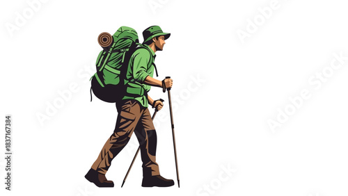 Man hiking with trekking poles and backpack on an outdoor adventure.