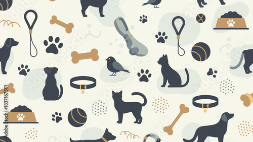 Seamless pattern with silhouettes of dogs, cats, birds, bones, leashes, collars, and paw prints on a light background